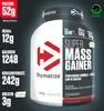 A product shot of a Dymatize Super Mass Gainer supplement tub, with nutritional information displayed on the left. Produktbild-Vorschau