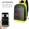 A yellow and black backpack with an LED screen displaying the word "HELLO" is shown next to a smartphone displaying an app interface for controlling the backpack's screen. Podgląd zdjęcia produktu