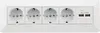 A white wall-mounted power strip with four European-style outlets and two USB ports. Produktbild-Vorschau