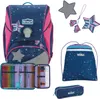 A collection of school supplies including a backpack, pencil case, and drawstring bag, all featuring a star pattern. Voir les images du produit