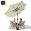 A couple relaxing under a beige patio umbrella with LED lights, with two bottles of beer on the ground. Voir les images du produit