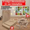 A collection of items for creating a DIY advent calendar, including paper bags, clothespins, and numbered stickers, arranged on a wooden surface with festive lighting in the background. Produktbild-Vorschau