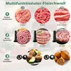 An infographic showing the different functions and attachments of a multifunctional meat grinder. Produktbild-Vorschau