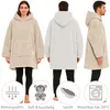 A collage of three images showing people wearing a hooded blanket in different colors, with icons and text describing its features. Produktbild-Vorschau