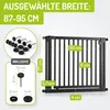 A black metal safety gate with various dimensions labeled. Produktbild-Vorschau