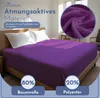 A bed with purple bedding and white pillows, with a close-up of the fabric texture. Produktbild-Vorschau
