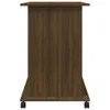 A front view of a brown wooden desk on wheels. Podgląd zdjęcia produktu