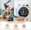 A woman is folding laundry next to a washing machine, with icons and text below indicating product features. Produktbild-Vorschau