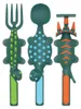 Three dinosaur-shaped children's utensils: a fork, a spoon, and a pusher. Produktbild-Vorschau