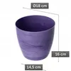 A purple marble-patterned flower pot with dimensions indicated by text overlays. Náhľad obrázku produktu