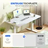 A white standing desk with a monitor and laptop on it, with a comparison graphic at the bottom. Produktbild-Vorschau
