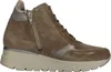 A side view of a brown suede bootie with a zipper and laces, set against a white background. Produktbild-Vorschau