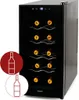 A black wine cooler refrigerator with multiple shelves holding wine bottles, displayed from the front with a small graphic overlay on the left. Produktbild-Vorschau