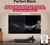 A marketing image comparing two displays, one labeled 'Non Perfect Black Display' and the other 'Perfect Black Display', showcasing a mountain landscape at night. The image also includes text describing the 'Perfect Black' technology and a small box with d Náhľad obrázku produktu