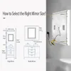 Diagrams showing how to select the right mirror size for a bathroom, with illustrations of single and double mirror setups. Anteprima dell’immagine prodotto
