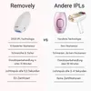 A comparison chart showing two IPL hair removal devices, one labeled 'Removely' and the other 'Andere IPLs', with features listed for each. Produktbild-Vorschau
