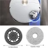 Collage showing a robot vacuum cleaner's spinning mop attachment and two separate components with measurements. Produktbild-Vorschau
