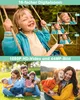 Collage of images showing a child on a swing, a family in a park, and a mother and daughter laughing outdoors. Text overlays describe digital zoom and video/image resolution. Produktbild-Vorschau