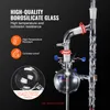 A close-up view of a laboratory distillation apparatus made of borosilicate glass, with text overlays highlighting its features. Produktbild-Vorschau