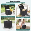 Collage of four images showing a dark grey/black storage box used as a cushion box, package box, garden side table, and extra seating. Voir les images du produit