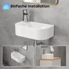 A collage of images showcasing a white wall-mounted sink with a chrome faucet, presented in different angles and settings. Produktbild-Vorschau
