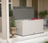 A light gray plastic storage box with its lid open, sitting on a porch next to a potted plant. Podgląd zdjęcia produktu