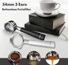 Two bottomless portafilters are displayed on a white surface, with books and a coffee cup in the background. Three smaller circular images at the bottom show close-ups of coffee grounds and espresso extraction. Náhled obrázku produktu