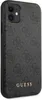 A close-up, side view of a gray iPhone case with a textured pattern and the 'GUESS' logo in gold. Voir les images du produit