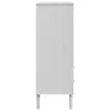 A side view of a white highboard with tapered legs, set against a white background. Produktbild-Vorschau