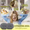 A distressed woman is shown in the foreground, with thought bubbles above her head depicting pests and unhygienic conditions. In the bottom right, two rolls of steel wool are presented as a solution. Produktbild-Vorschau