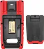 The back of a red and black multimeter is shown with the battery compartment open, revealing a 9V battery. The battery compartment cover is shown separately to the right. Produktbild-Vorschau