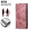 A product image showcasing a pink phone case with a dandelion design, alongside marketing graphics illustrating RFID protection. Produktbild-Vorschau