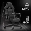 A gaming chair with dimensions and weight capacity indicated by text and icons. Náhľad obrázku produktu