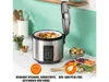 A digital rice cooker and steamer is shown on a kitchen counter with various ingredients and utensils. Produktbild-Vorschau