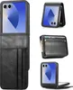 A collage of images showing a black flip phone case with card slots. Produktbild-Vorschau