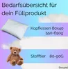 An image showing a pillow and a teddy bear, with text indicating the amount of filling material needed for each. Produktbild-Vorschau