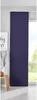 A dark blue sliding curtain panel hangs in front of a window with a view of trees and sky. A small wooden stool with a decorative object and a vase with dried grass are visible to the left. Produktbild-Vorschau