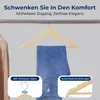 A wooden clothes hanger with blue jeans on it, displayed on a clothing rack, with close-ups of the hanger's features. Produktbild-Vorschau