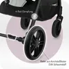 A close-up view of a stroller's wheel and suspension system, with text highlighting features. Náhľad obrázku produktu