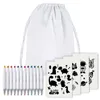 A white drawstring bag with a set of colorful markers and stencils laid out in front of it. Produktbild-Vorschau
