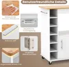 Collage of close-up images highlighting features of a white kitchen cart with a wood top, alongside a larger image of the cart itself. Voir les images du produit