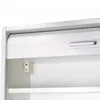 Close-up view of the interior of a white cabinet with a roller shutter door and a shelf. Produktbild-Vorschau