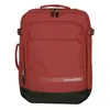 A red travelite rucksack/carry-on luggage is shown against a white background.