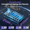 A cutaway view of a vacuum cleaner battery pack with glowing blue cells, set against a dark, circular background with clock-like markings. Text overlays highlight features and battery specifications. Produktbild-Vorschau