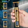 A hand holding a gold hair clipper with water droplets on the blade, with three digital displays showing different RPMs and battery percentages. Náhled obrázku produktu
