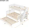 A diagram showing the dimensions of a white bunk bed with a pull-out trundle. Náhled obrázku produktu