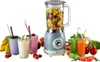 A vintage-style blue blender is shown with various fruits, smoothies, and juices arranged around it. Anteprima dell’immagine prodotto