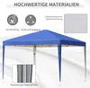A blue pop-up canopy tent with informational graphics about its materials and features. Produktbild-Vorschau