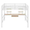 A white metal loft bed with a wooden desk and shelves underneath, shown against a white background. Produktbild-Vorschau