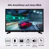 A television screen displaying a racing game, with icons and text below indicating connectivity options. Produktbild-Vorschau